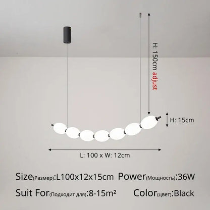 Black modern pendant light with a curved row of seven frosted glass orbs for a bead nordic chandelier design