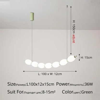 Modern white bead nordic chandelier featuring a green pendant light with seven frosted glass orbs for dining rooms