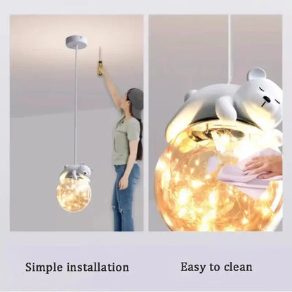 Modern white bear glass children room chandelier featuring a plush pendant light with warm led fairy lights inside a globe