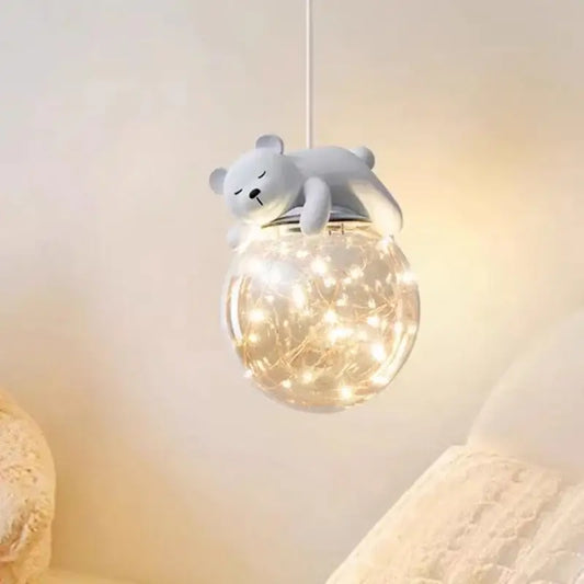 Modern white bear glass children room chandelier featuring a plush white bear and warm fairy lights for bedroom decor