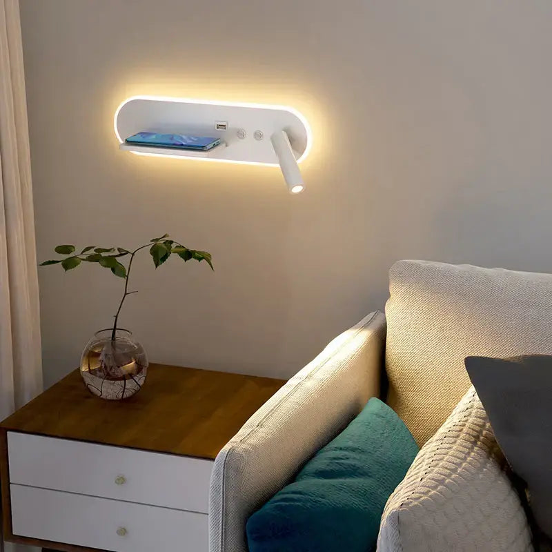 Modern white bedside wall lamp with integrated led light and wireless charging for bedroom use