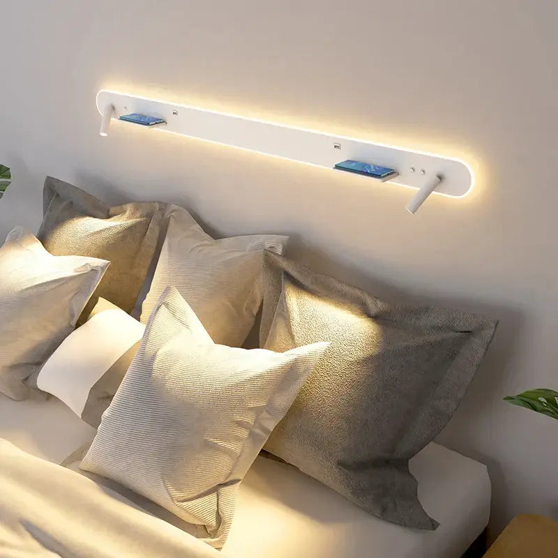 Modern white bedside wall lamp with led headboard light and integrated phone charging slots for bedroom use