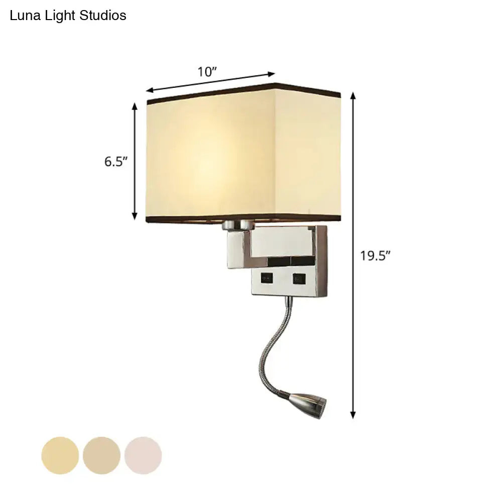 Modern rectangular wall sconce with a beige fabric shade and chrome-finished metal frame, featuring an adjustable gooseneck reading light.