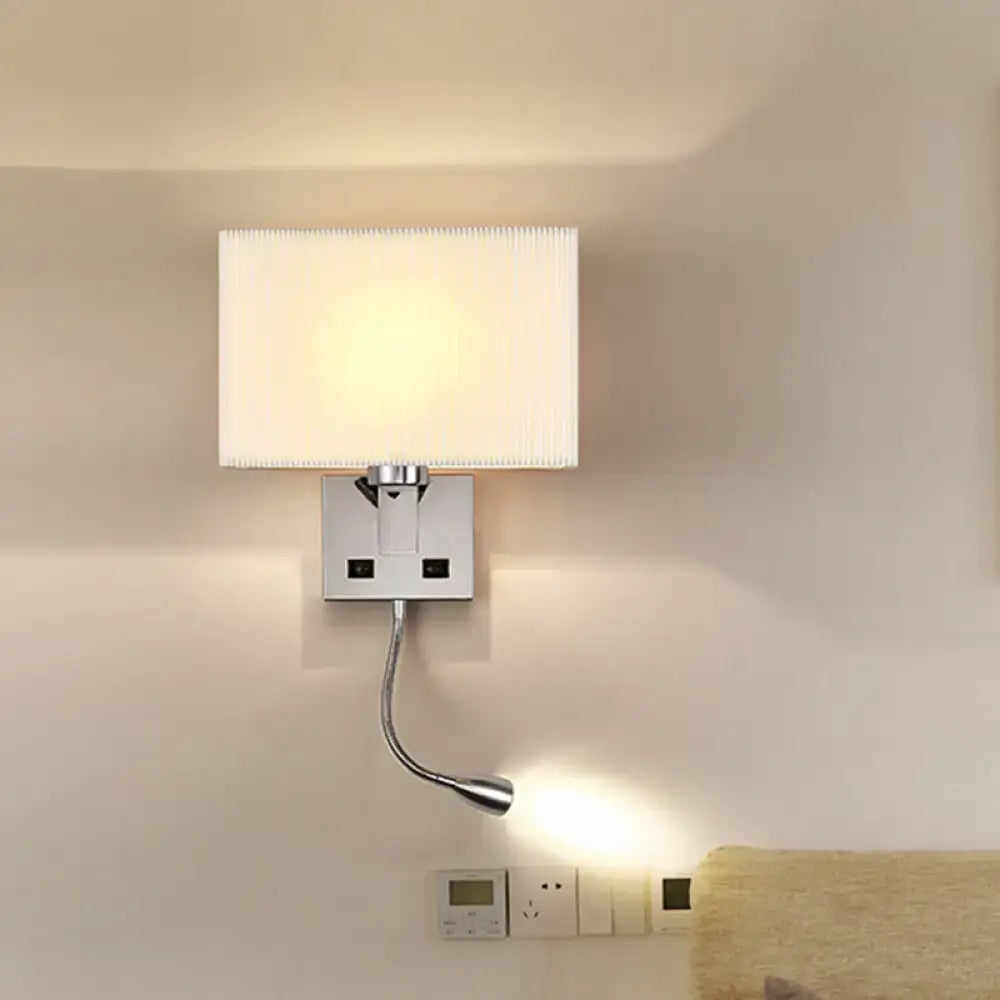 Modern white and beige fabric wall light kit with frosted shade chrome base and flexible gooseneck reading light for bedroom
