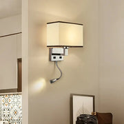 Modern rectangular wall light kit with cream fabric shade chrome frame and adjustable gooseneck reading light for bedroom