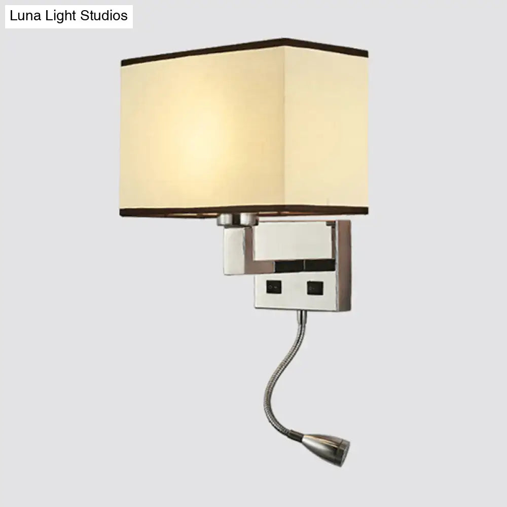 Modern wall light kit with cream fabric shade and chrome base featuring an adjustable gooseneck reading light