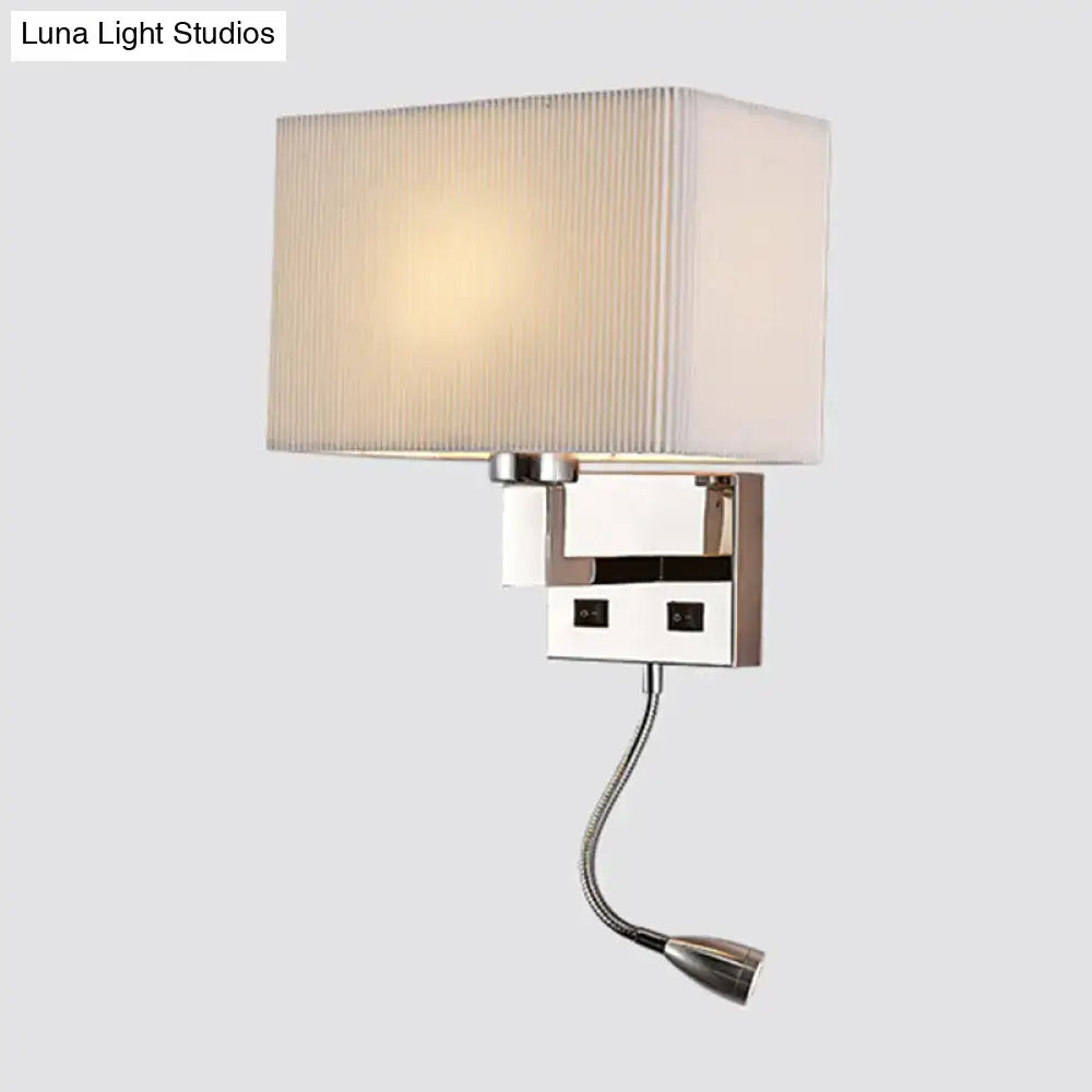 Modern white and beige fabric wall light kit with chrome frame usb ports and adjustable gooseneck reading light