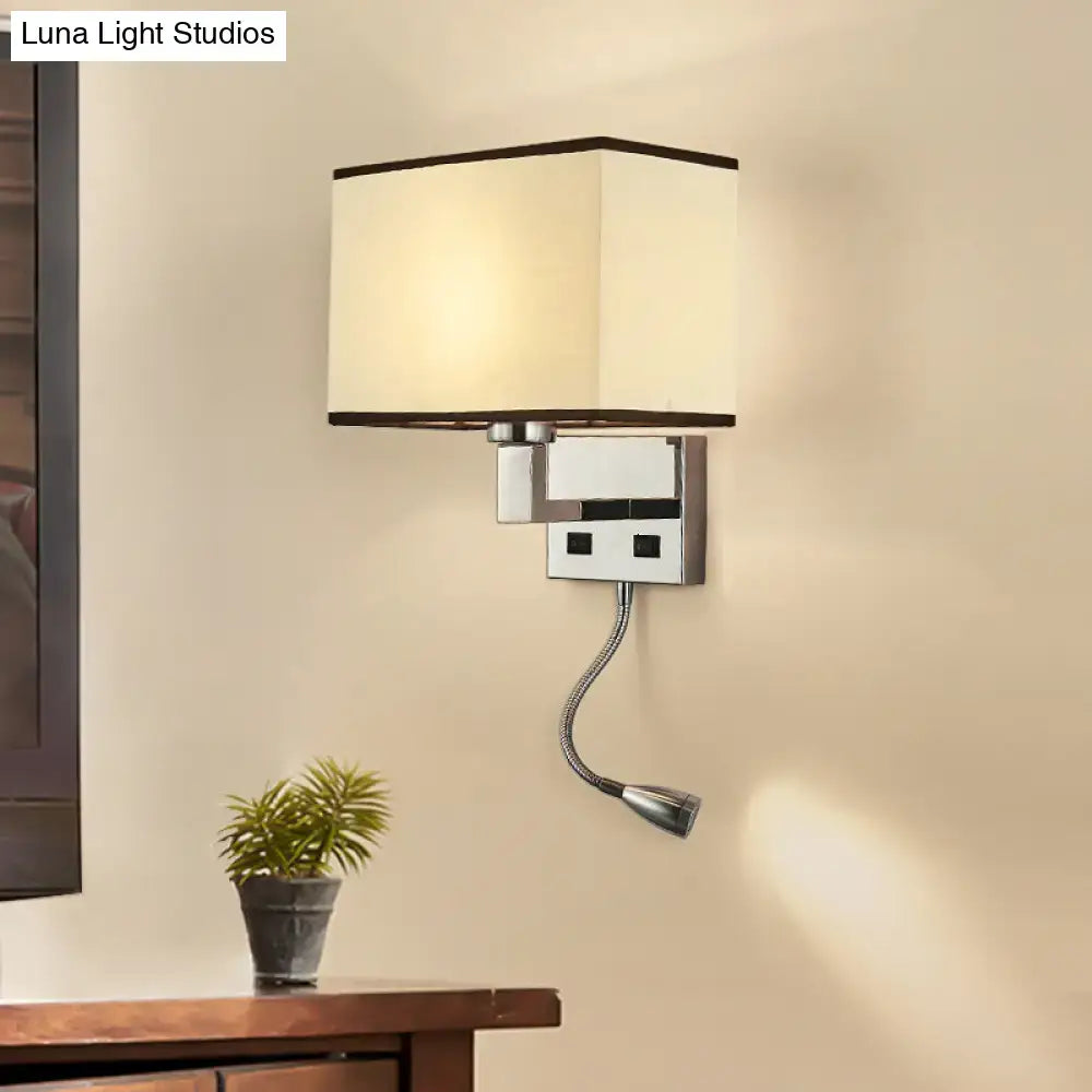 Modern chrome-finished wall light kit with white and beige fabric shade and adjustable gooseneck reading light for bedroom