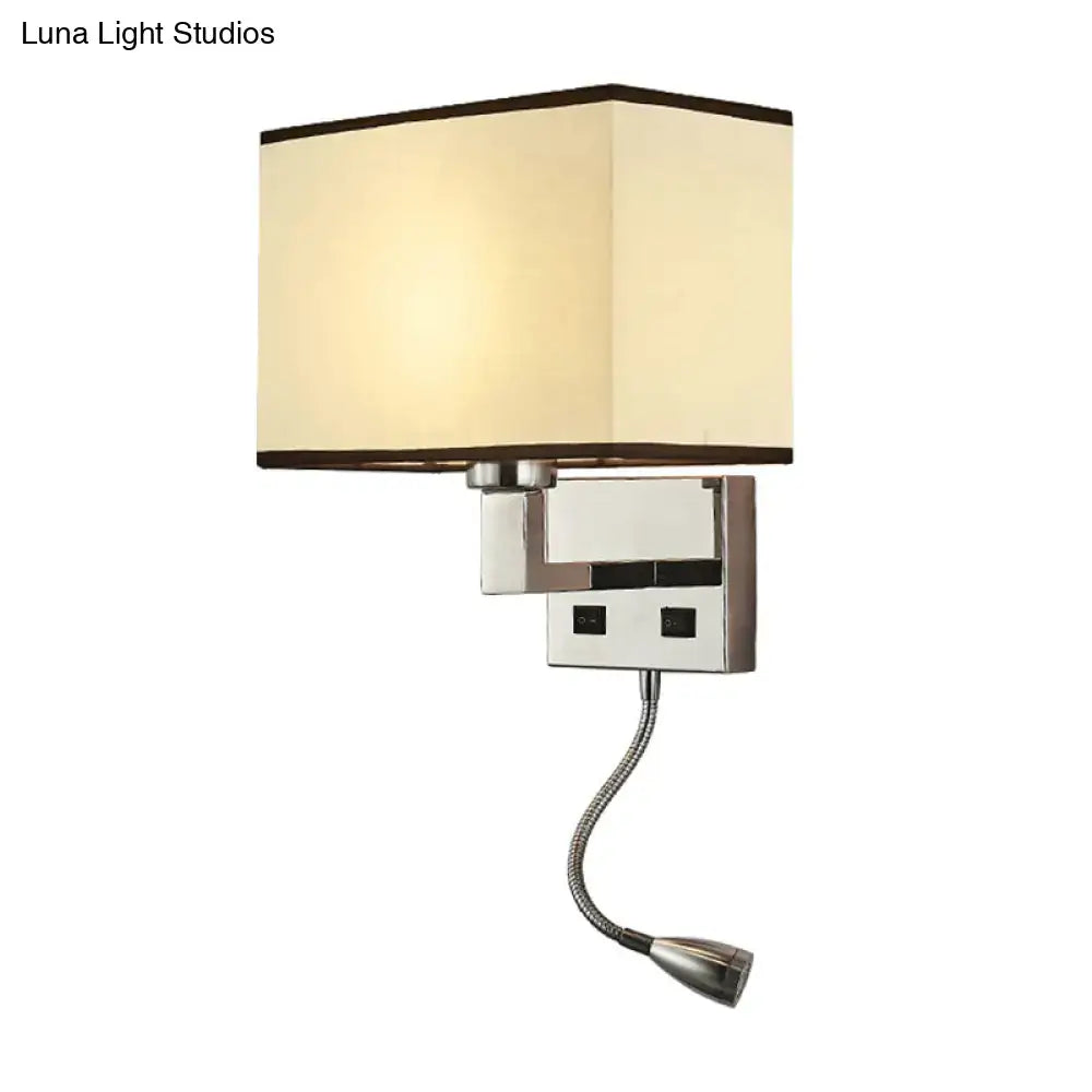 Modern rectangular wall light kit with cream fabric shade chrome base and adjustable gooseneck reading light for bedroom