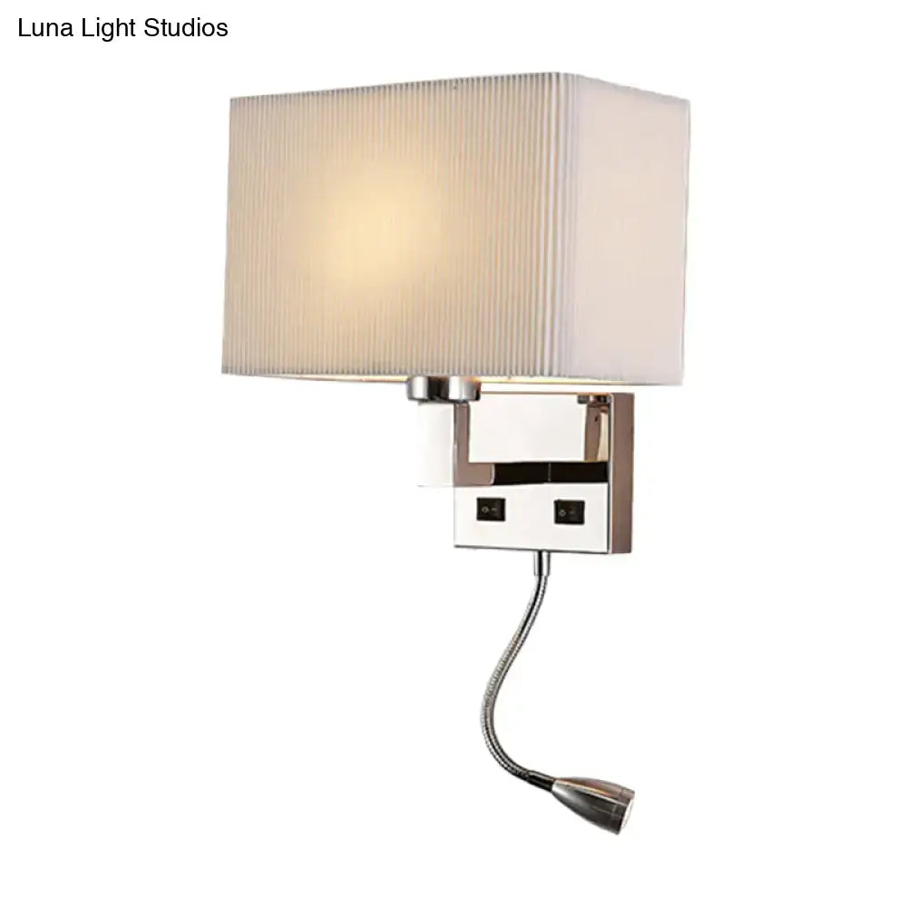 Modern white and beige fabric wall light kit with rectangular ribbed shade, chrome frame, power outlets, and gooseneck reading light