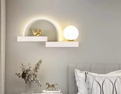 Modern white bird wall lights with led curved light arch and spherical lamp fixture on wall-mounted shelf for living room decorbites bird wall lights