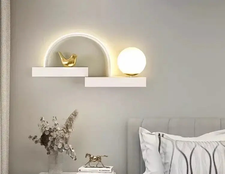 Modern white bird wall lights with led curved light arch and spherical lamp fixture on wall-mounted shelf for living room decorbites bird wall lights