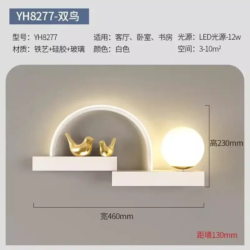 Modern white bird wall lights with led shelf and curved arch featuring two golden bird figurines for living room decorbites bird wall lights