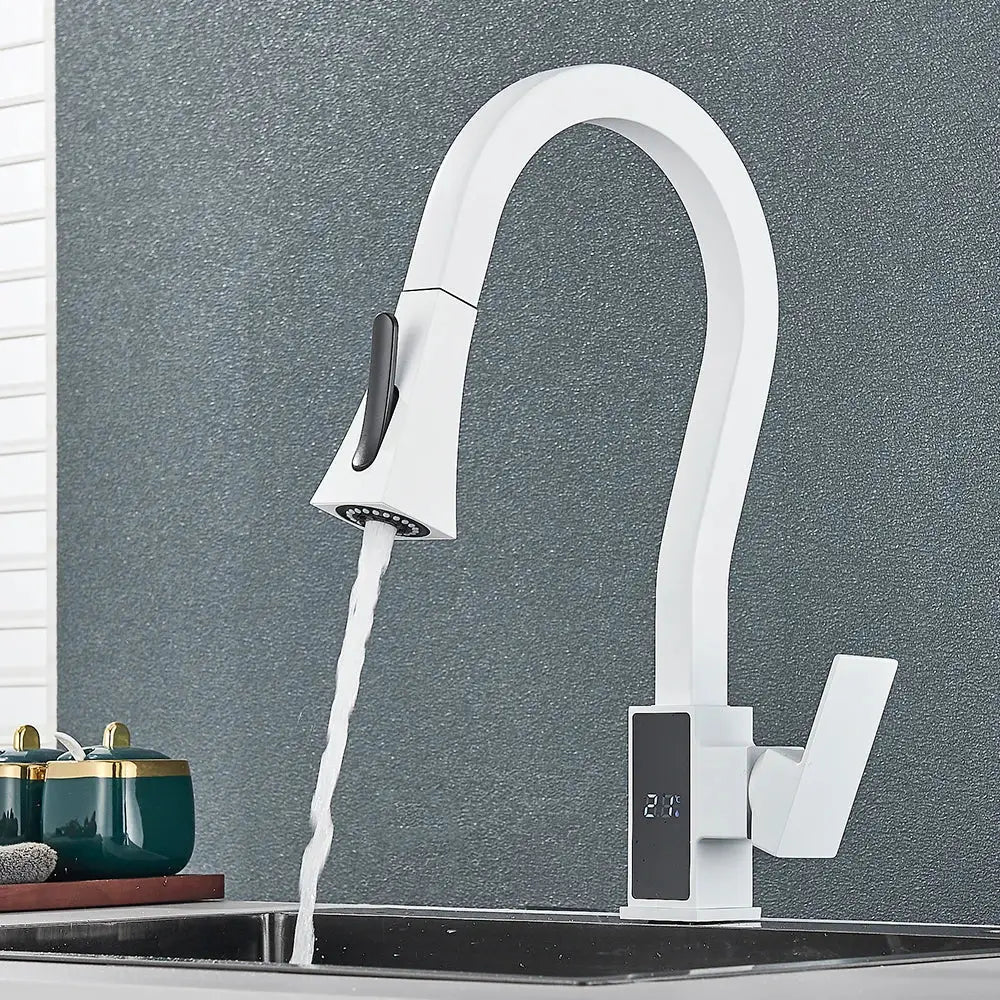Modern white and black brass kitchen faucet with sleek curved spout, pull-down spray head, and digital temperature display by decorbites black brass