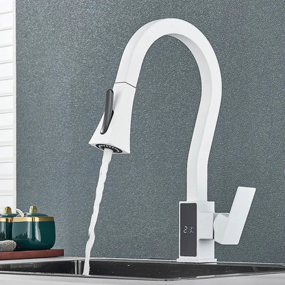 Modern white and black brass kitchen faucet with sleek curved spout, pull-down spray head, and digital temperature display by decorbites black brass