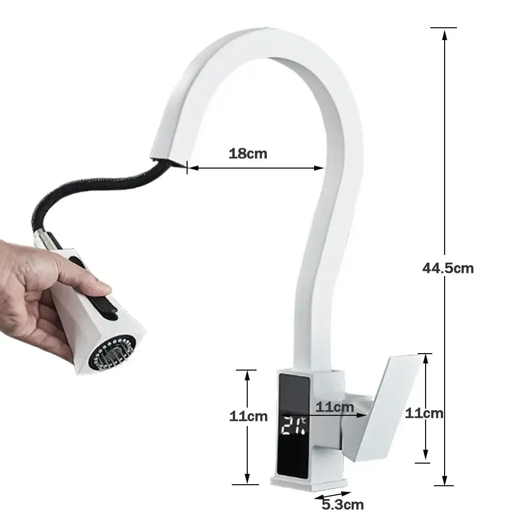 Modern white and black brass kitchen faucet with sleek curved spout digital temperature display and flexible spray head decorbites black brass