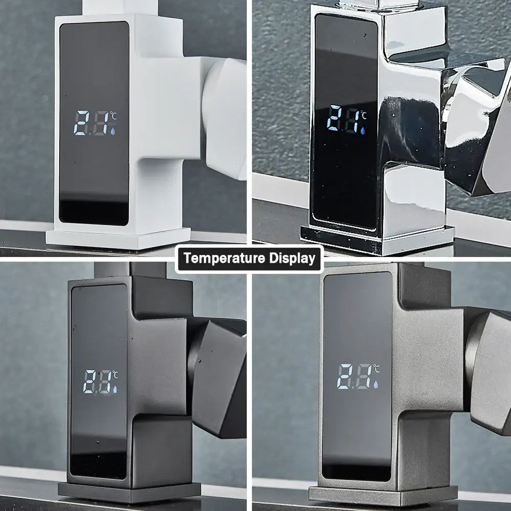 Modern white and black brass kitchen faucet by decorbites black brass with temperature display showing 21°c