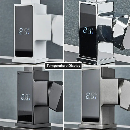 Modern white and black brass kitchen faucet by decorbites black brass with temperature display showing 21°c