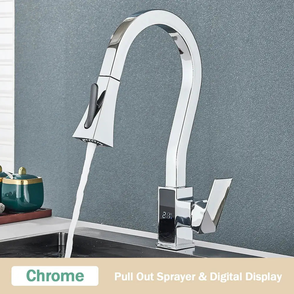 Modern white and black brass kitchen faucet with chrome pull-out sprayer and digital temperature display for decorbites black brass kitchen decor