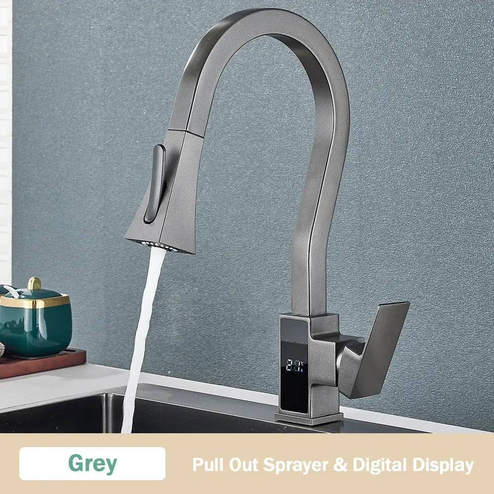 Modern white and black brass kitchen faucet with pull-out sprayer digital temperature display decorbites black brass kitchen faucet