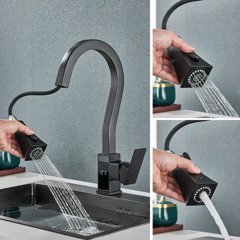 Black matte finish decorbites black brass kitchen faucet with pull-out flexible spray head and digital temperature display