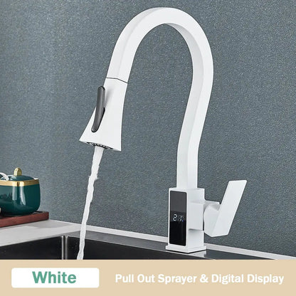 Modern white and black brass kitchen faucet with sleek curved spout pull-out spray head and digital temperature display decorbites black brass