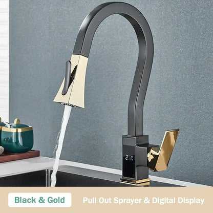 Modern white and black brass kitchen faucet with black brass kitchen pull-out sprayer and temperature display by decorbites black brass
