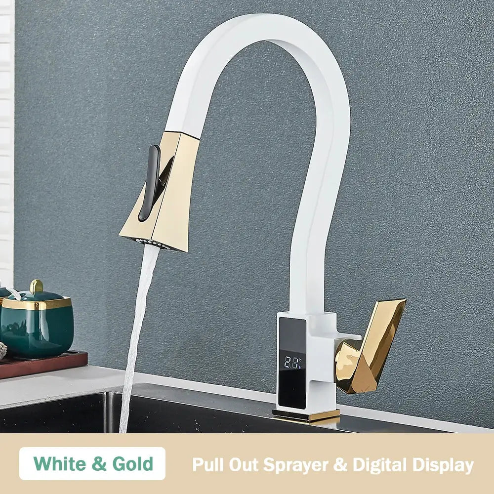 Modern white and gold black brass kitchen faucet with pull-out spray head and digital temperature display by decorbites
