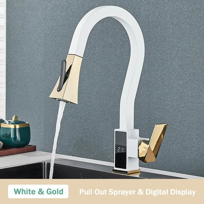 Modern white and gold black brass kitchen faucet with pull-out spray head and digital temperature display by decorbites