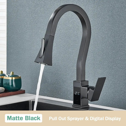 Matte black decorbites black brass kitchen faucet with pull-out sprayer and digital temperature display for modern kitchens