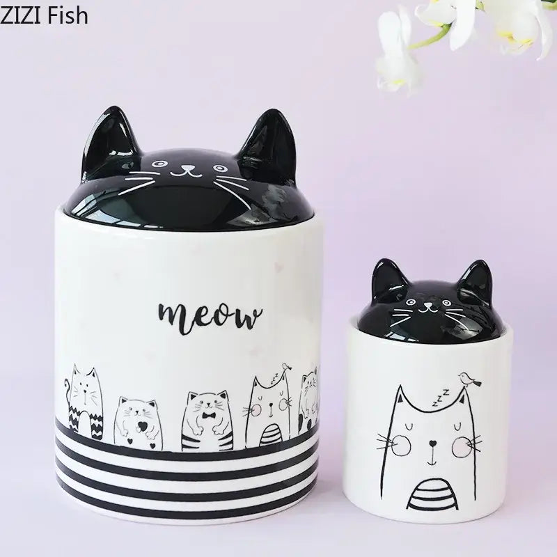 Modern white and black cat ceramic jewelry jar with decorbites black cat illustrations and black cat ceramic glossy lids