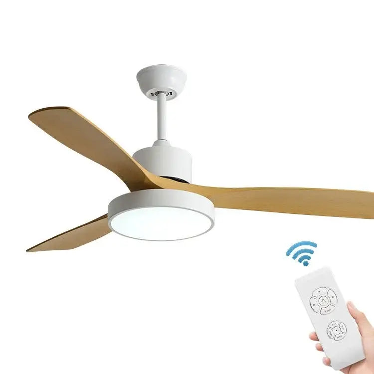 Modern white and black ceiling fan with light wood blades and integrated led lighting featuring blade copper motor for bedroom