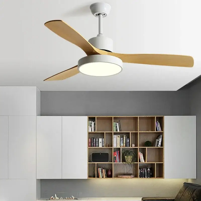 Modern ceiling fan with three light wooden blades white black housing and blade copper motor for bedroom use