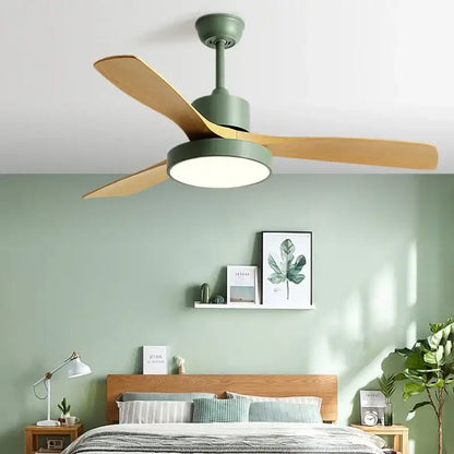 Modern sage green ceiling fan with light wood blades and circular led light featuring blade copper motor design
