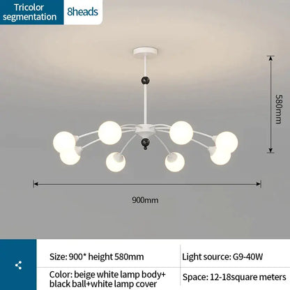 Modern white and black decorbites cream wind chandelier with eight spherical lamps and beige central body for living room use