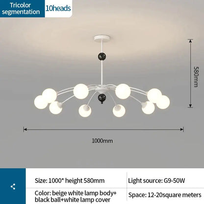 Modern white and black decorbites cream wind chandelier with ten spherical lamp heads for living room lighting