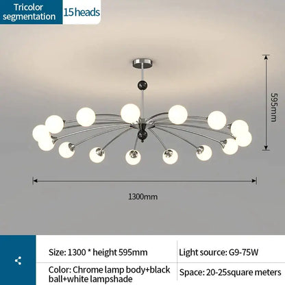 Chrome finished decorbites cream wind chandelier with 15 white lampshades and black center for modern interiors