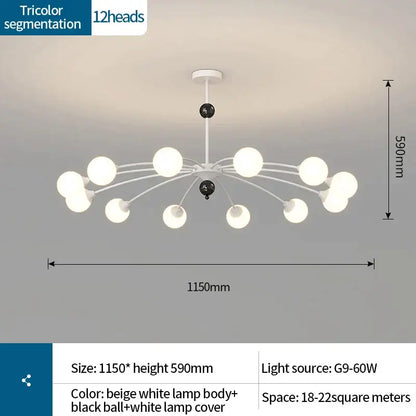 A modern decorbites cream wind chandelier with beige body black accents and white globe light covers for living rooms