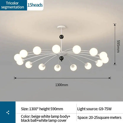 A modern decorbites cream wind chandelier with beige body black accents and white globes for living room lighting