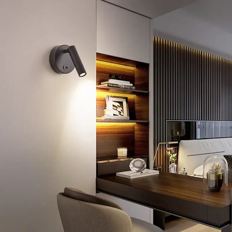 Modern white and black led wall lamp with matte black adjustable head and usb port for bedroom reading light