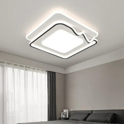 Modern white and black living chandelier lights with sleek square led ceiling lamp and black accent trim for dining room