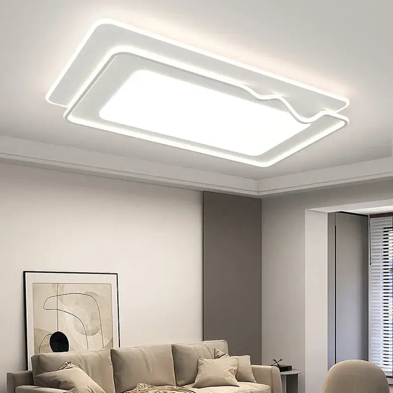 Modern white and black rectangular living chandelier lights with sleek frame and soft glowing illumination for dining room
