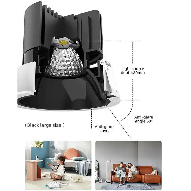 Modern white and black recessed downlight spotlights with a black textured metallic reflector decorbites 12w for living room decor