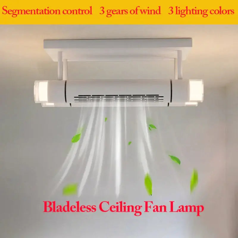 Modern white bladeless ceiling fan with integrated led light and sleek design for bedroom use