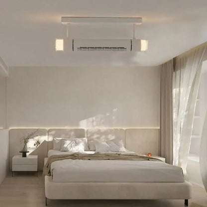 Modern white bladeless ceiling fan with integrated led light and ceiling-mounted air conditioner for bedroom use