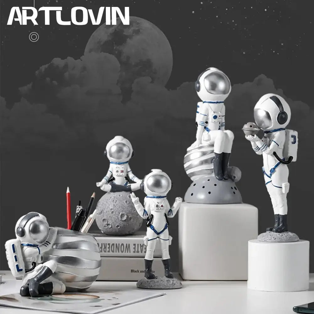 Modern white and blue astronaut resin figurines with detailed suits on lunar bases for decorbites astronaut resin decor