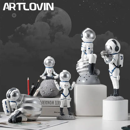 Modern white and blue astronaut resin figurines with detailed suits on lunar bases for decorbites astronaut resin decor