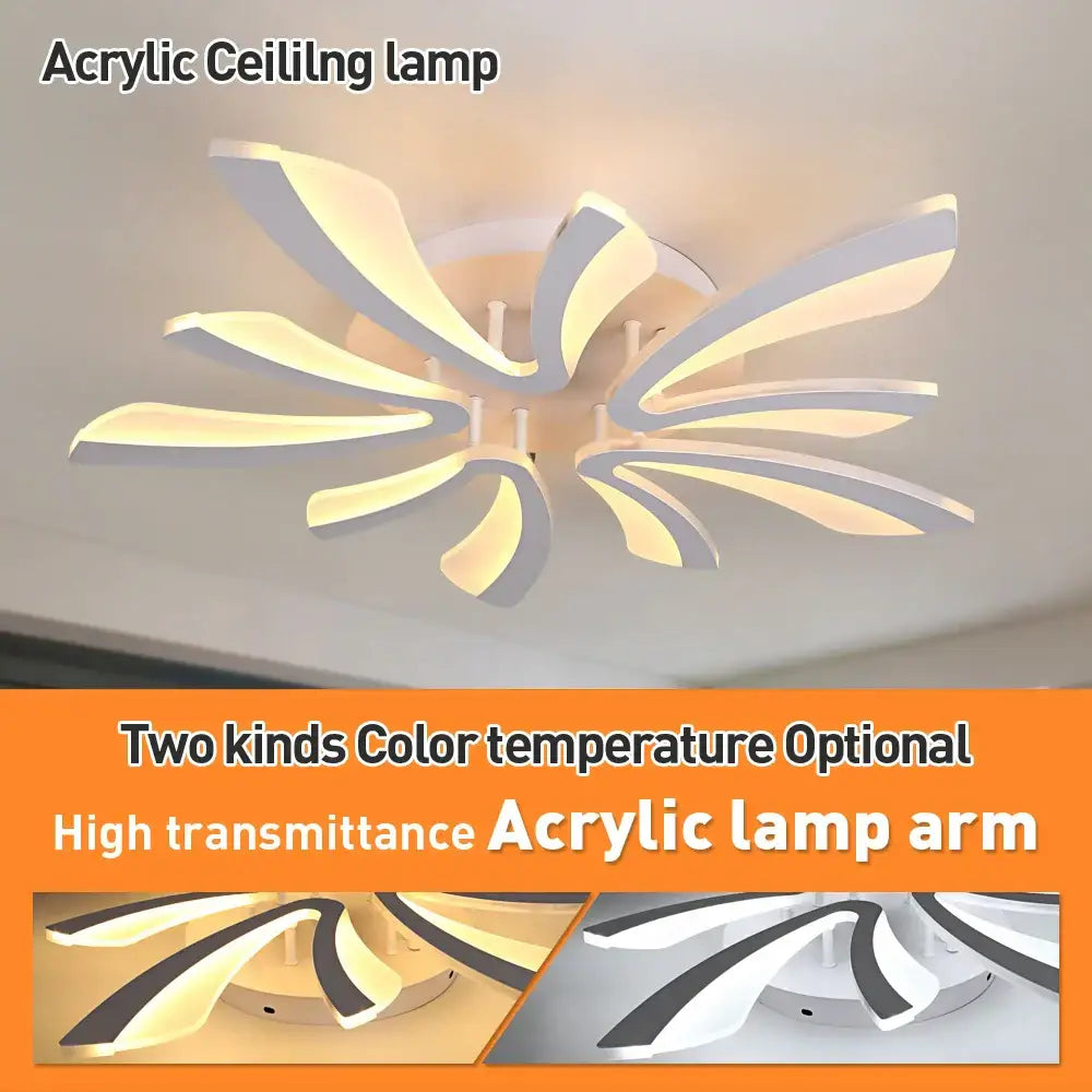 Modern white acrylic led ceiling chandelier with sleek petal-like branch design emitting warm glow for living room