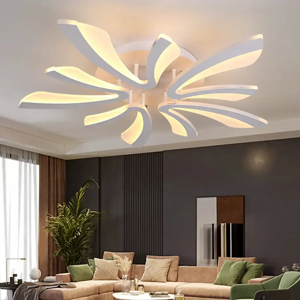 Modern white branch design led ceiling chandelier with sleek petal-like elements and warm ambient glow for living rooms