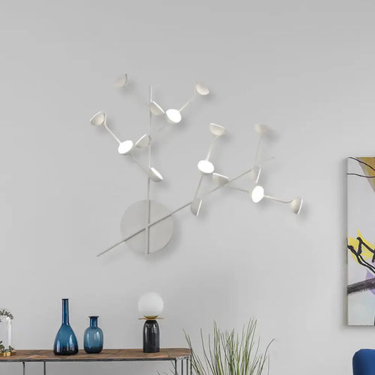 Modern white branch metal wall light sconce with 16 LED bulbs and circular fixtures for living room use